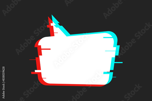 White speech bubble with retro glitch effect on a textured background. Broken pixels, banner template with empty space for text, pixel art retro 90's style.