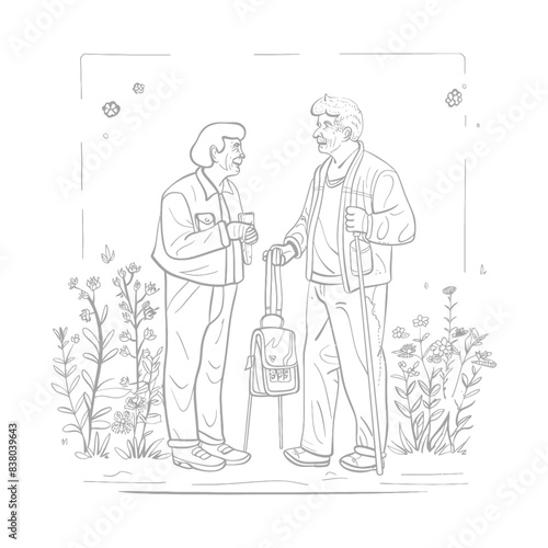 Outlined Elderly Friends Chatting in a Flower-Lined Path, Sketch Style.