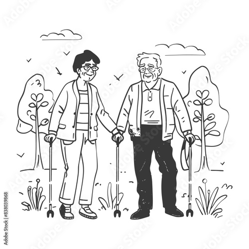 Sketch of Elderly Couple Holding Hands, Hiking with Walking Sticks in Grassy Park.