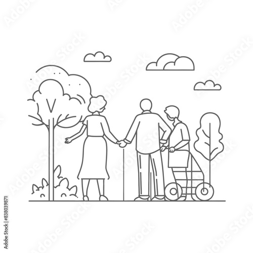 Elderly couple strolling in park with caregiver, line art.