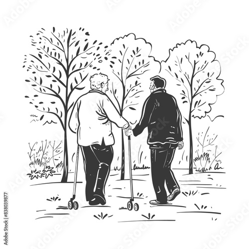 Elderly couple stroll, canes, autumn sketch, supportive walk, aging gracefully, simple art.