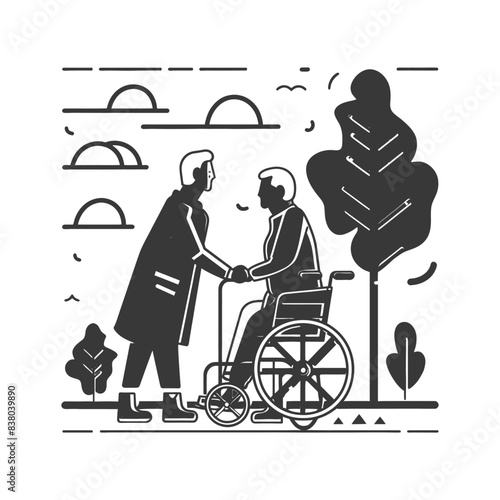 Linear Art: Caregiver & Senior in Wheelchair, Park Setting