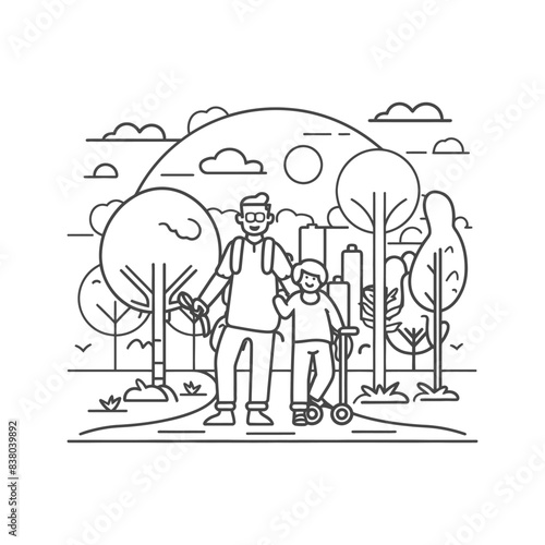 Father & Son Outing: Line Art Illustration of Park Walk with Scooter.