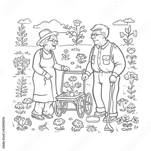 Elderly couple gardening: black and white line drawing of happy seniors with walker amidst flowerbed.