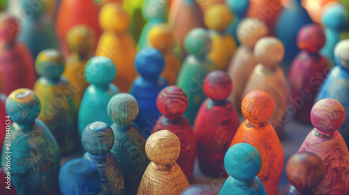 Colorful wooden figures standing together, representing DEIB, emphasize the diverse colors and shapes, creating a sense of harmony and collective strength