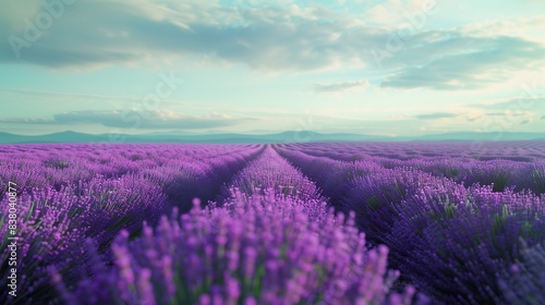 A field of vibrant purple lavender stretching towards the horizon  their fragrant blooms attracting bees and butterflies alike.