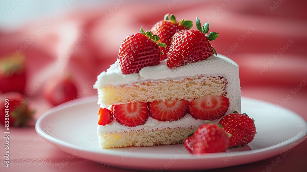 a cake slice with a strawberry topping, Generative AI. a cake slice with a strawberry topping, Generative AI.