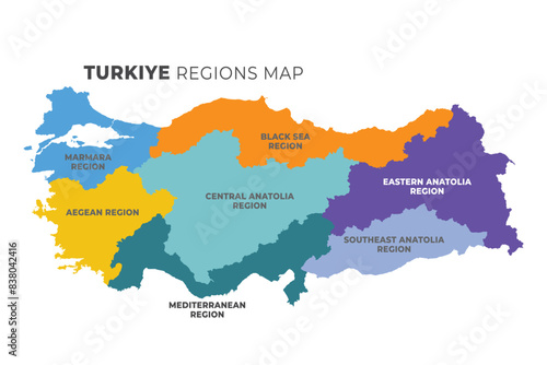 Turkey map with seven geographical regions, vector illustration