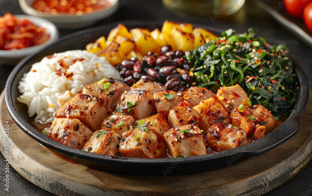 A plate of food with a variety of ingredients including meat, rice, beans A plate of food with a variety of ingredients including meat, rice, beans