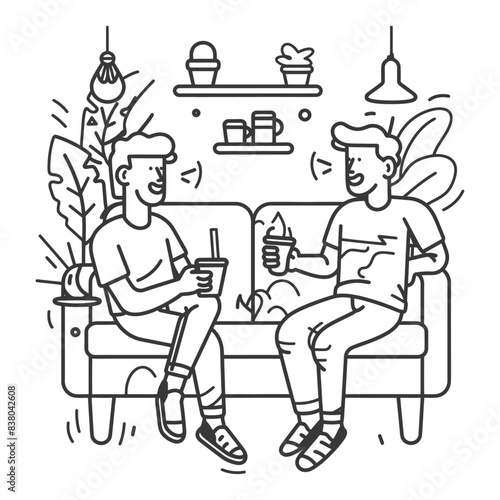 Line Art Chat: Two Friends on Couch with Drinks, Shelved Plants, Minimalist Illustration.