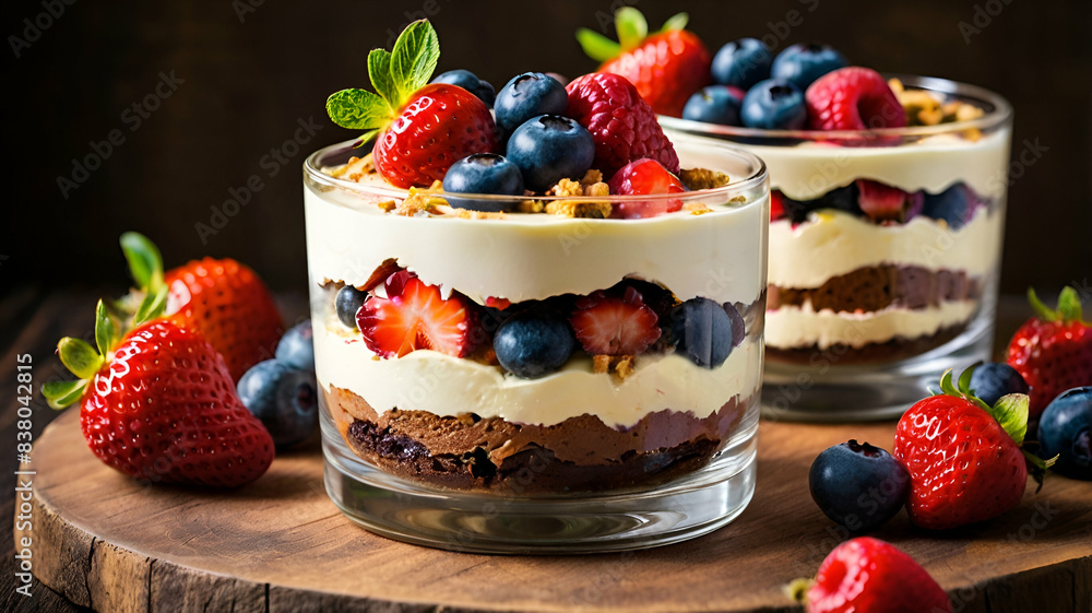 Brownies and fresh berries trifle with wooden table background. Brownies and fresh berries trifle with wooden table background.