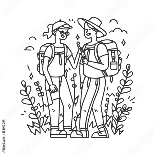 Line Art Hiking Couple with Backpacks in Natural Setting.