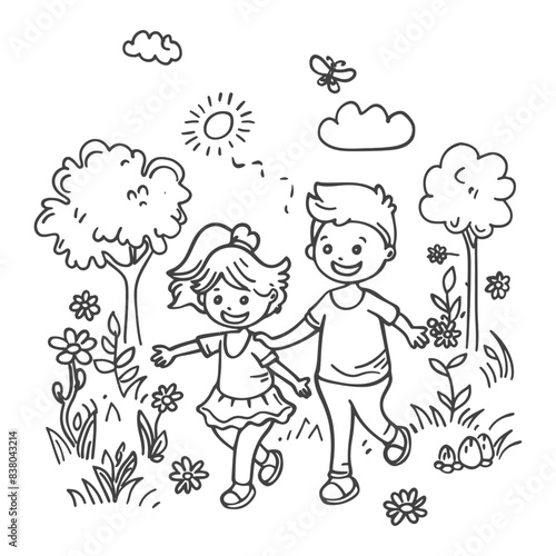 Doodle Fun: Kids Holding Hands in a Sunny Flower Field, Line Art Coloring Page.