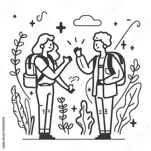 Doodle hikers meeting with coffee, backpack travel concept, line art.