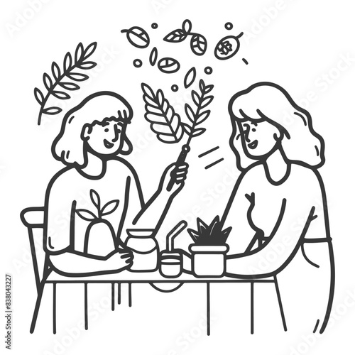 Line Art: Two Women at Cafe Table Discussing Herbal Remedies and Tea Ingredients.