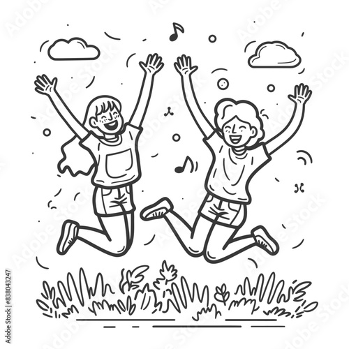Joyful Friends Jumping: Doodle Style Outline, Outdoors Celebration, Youthful Exuberance.