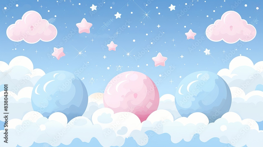 colorful star and planets set with cloud on blue background background illustration, colorful sky with blue and pink planet colorful star and planets set with cloud on blue background background illustration, colorful sky with blue and pink planet