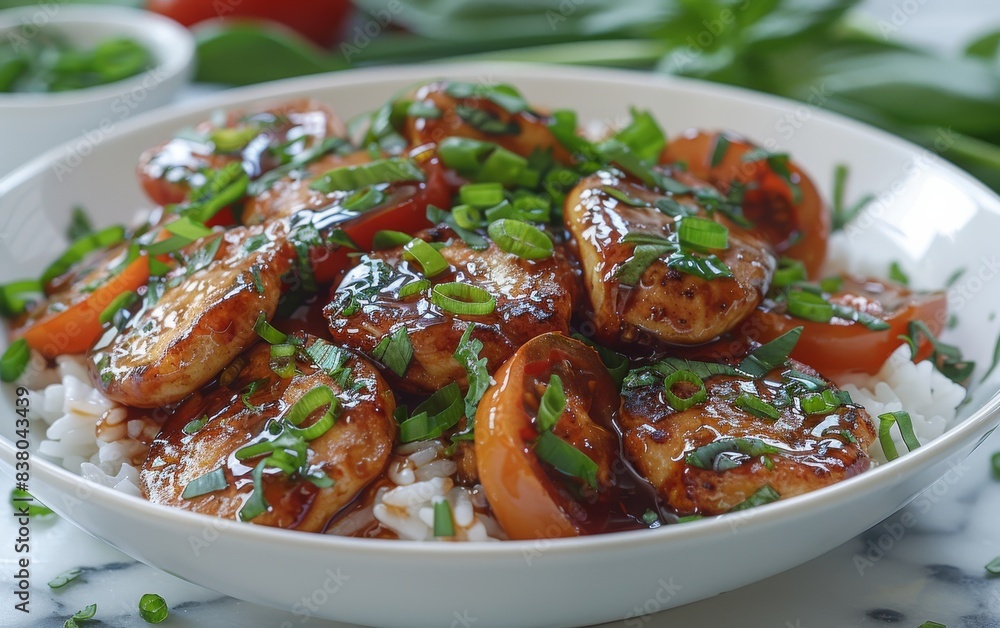 A bowl of food with rice and meat A bowl of food with rice and meat