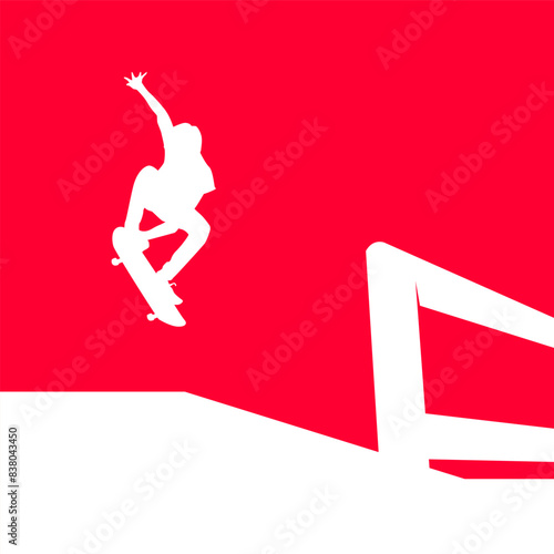 High details of skate board silhouette. Sport silhouettes. Fit for element design  background  banner  backdrop  cover  logotype. Isolated on red background. Vector Eps 10