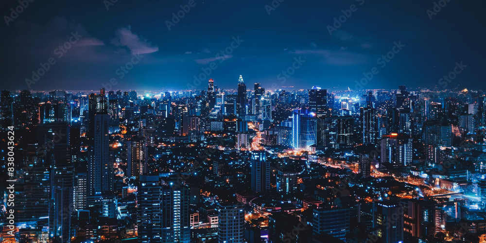 Blue-lit cityscape with skyscrapers Blue-lit cityscape with skyscrapers