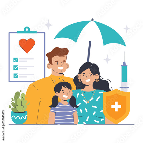 Family Healthcare Insurance concept. Flat vector illustration
