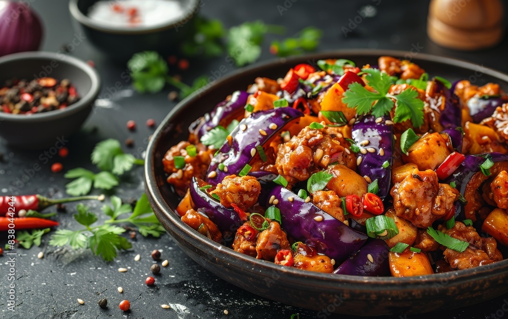 A bowl of food with a lot of spices and peppers A bowl of food with a lot of spices and peppers