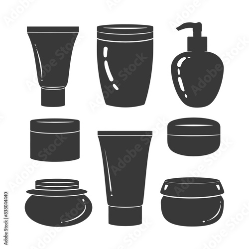 Wallpaper Mural Minimalist Skincare: Dark Silhouette Set of Cosmetic Bottles and Jars. Torontodigital.ca