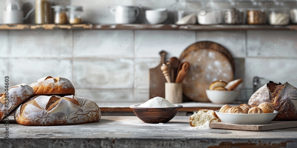 Fototapeta premium Rustic Kitchen Scene with Freshly Baked Bread and Baking Ingredients