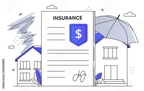 Real estate insurance concept. Real estate and private property protection. Financial safety from accidents and disasters. Agreement and deal, contract. Line art style flat vector illustration