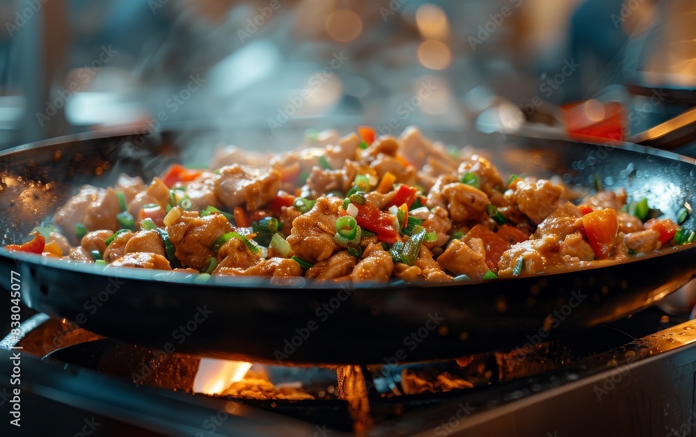 A pan of stir fry is cooking on a stove A pan of stir fry is cooking on a stove
