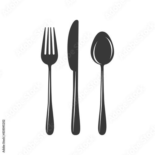 Elegant Flatware: Fork, Knife, and Spoon Icon on White.
