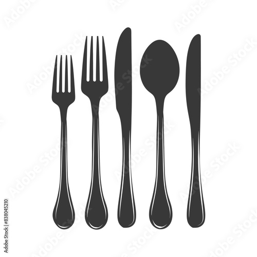 Monochrome Cutlery Set: Two Forks, Spoon, and Knives in Minimalist Arrangement on White.