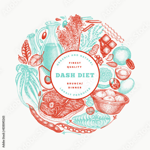 Dash Diet Design Template. Vector Hand Drawn Healthy Food Banner. Vintage Style Menu Illustration.