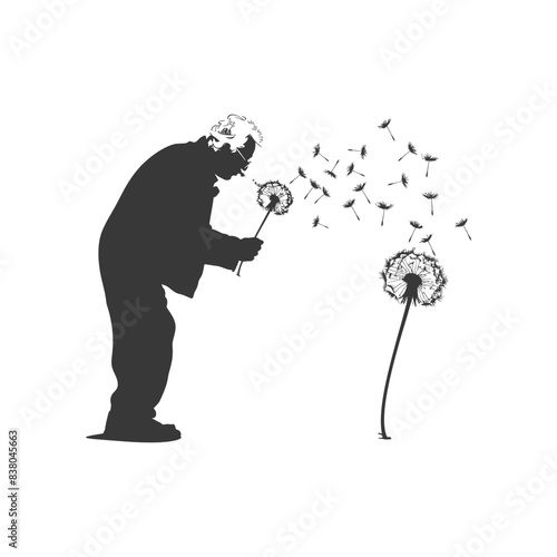 Silhouette: Senior blowing dandelion seeds, ephemeral dreams.