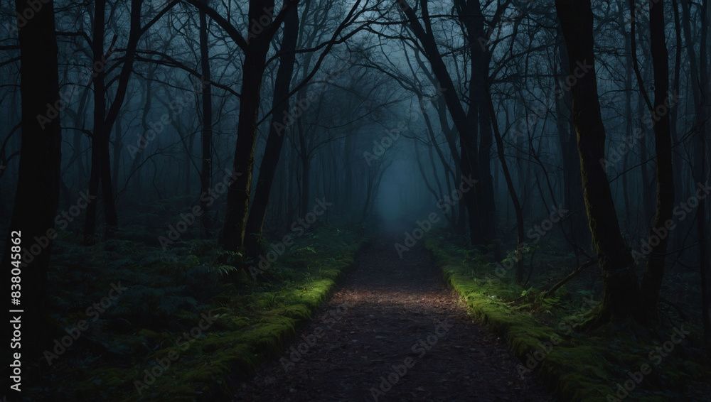 Eerie forest pathway shrouded in darkness, a mysterious passage into the unknown.