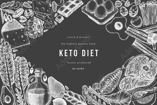 Keto Diet Chalk Board Design Template. Vector Hand Drawn Healthy Food Banner. Vintage Style Ketogenic Menu Illustration.