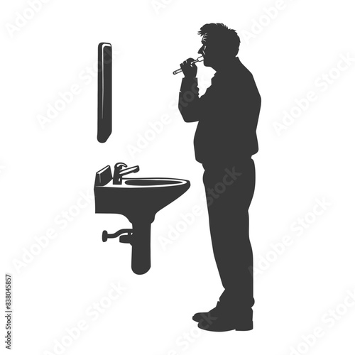 Silhouette: Man Brushing Teeth at Sink, Morning Routine, Simple Bathroom Vector.