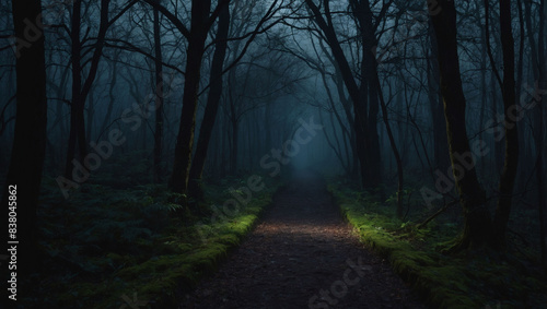 Eerie forest pathway shrouded in darkness  a mysterious passage into the unknown.