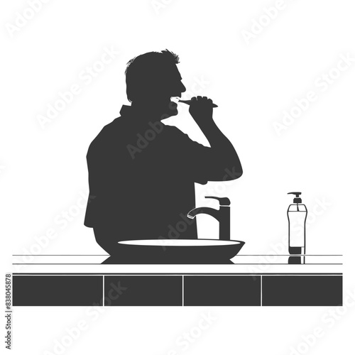 Silhouette: Man Brushing Teeth, Bathroom Sink, Oral Hygiene Routine, Black and White.