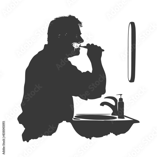 Silhouette of Man Brushing Teeth at Sink with Mirror: Morning Routine.