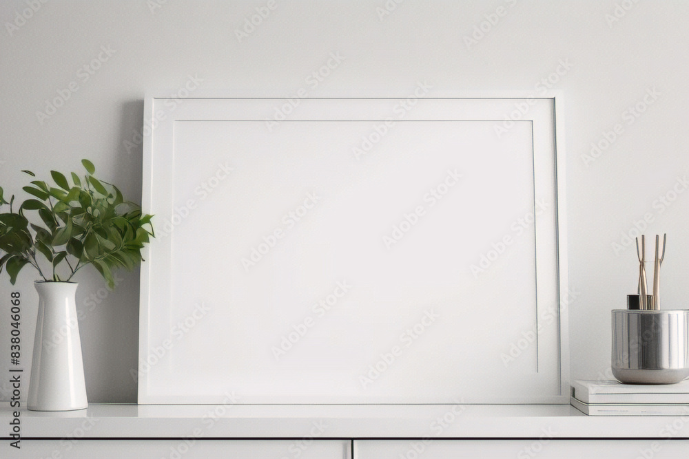 Diseño interior escandinavo de sala de estar con consola de madera, anillos en la pared, marco de póster simulado, flores en jarrón y elegantes accesorios personales Diseño interior escandinavo de sala de estar con consola de madera, anillos en la pared, marco de póster simulado, flores en jarrón y elegantes accesorios personales