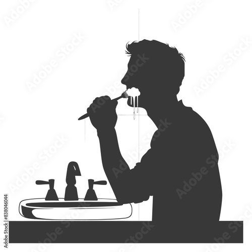 Silhouette of Man Brushing Teeth Over Sink, Morning Routine.