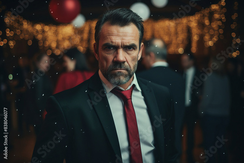 Created with generative ai image of severe strict man office worker celebrate new year corporate party