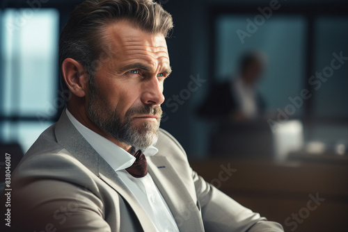 Generative AI portrait of a serious self confident middle aged businessman with a beard in a suit