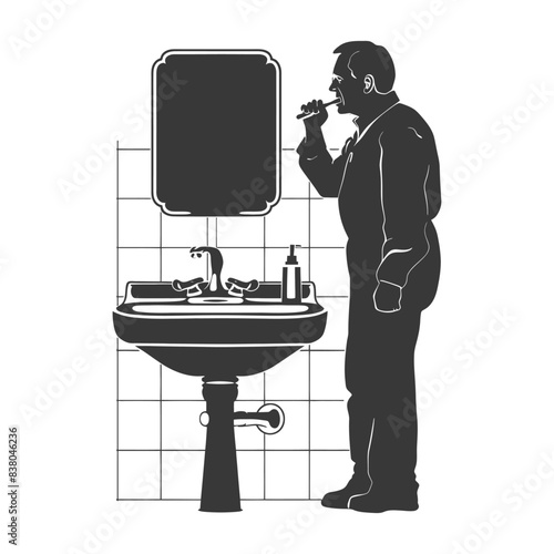 Silhouette: Man Brushing Teeth in Bathroom with Tiled Wall and Ornate Sink.