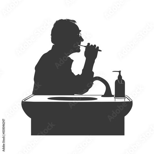 Silhouette of Man Brushing Teeth at Sink: Minimalist Hygiene.