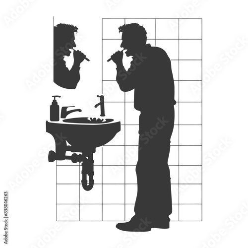 Morning Routine Silhouette: Man Brushing Teeth in Tiled Bathroom with Mirror Reflection.