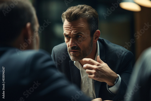 Photo of a confident handsome middle aged strict angry man working in office made with generative AI