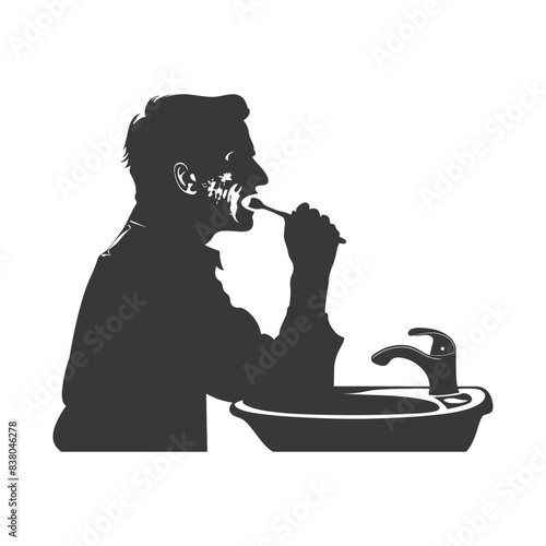 Monochrome Silhouette: Man Brushing Teeth at Sink, Oral Hygiene Routine.