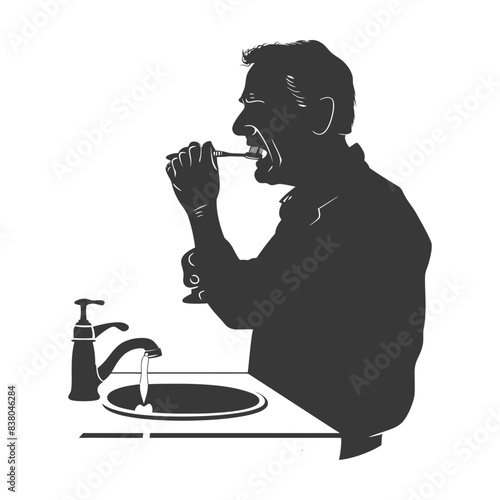 Silhouette of a Man Brushing Teeth at Sink with Running Water.